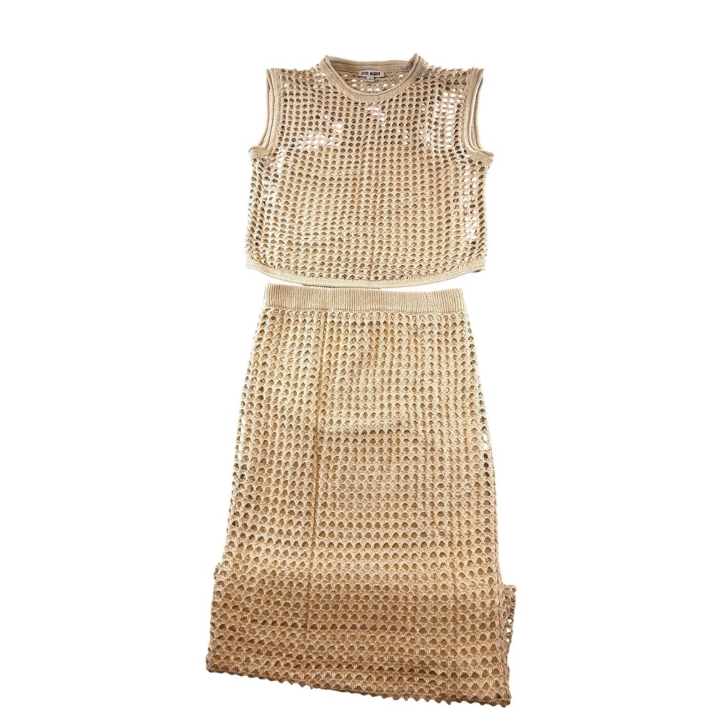 Steve Madden Tan Crochet Two Piece Set Open Knit Crop Top Midi Skirt Small